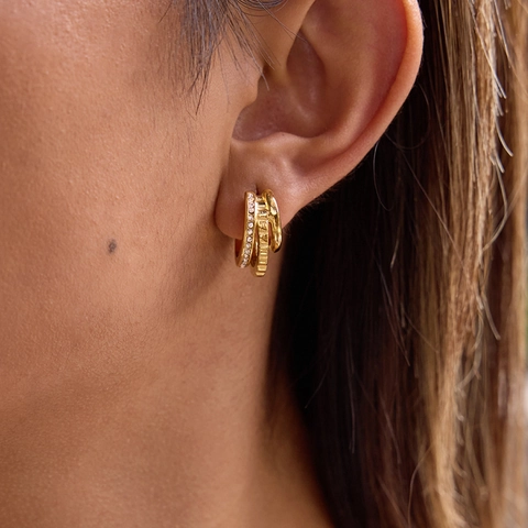 Stainless Steel 18K Gold Plated Triple Layer Hollow Hoop Earrings With White Rhinestone Roman Numerals For Women