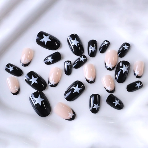 Unghie Finte Press On French Tip Motivo Stelle Oval Corto ABS Lucido Chic Cool Nero Bianco Manicure Per Donne