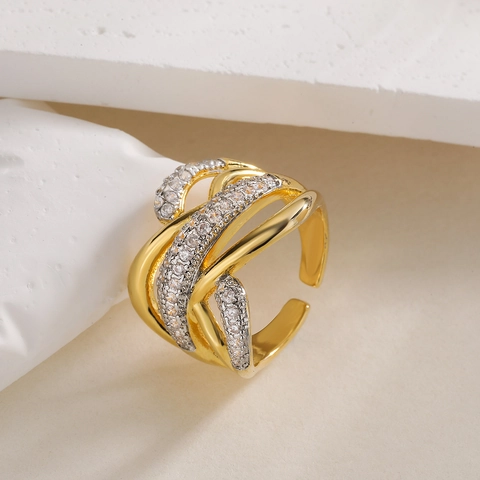 Mode Mehrlagig Verflochtener Geometrischer Offener Ring Kupfer Zirkonia Verstellbarer Fingerring Für Damen Schmuck
