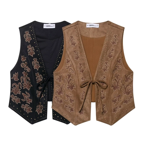Gilet Donna Retro Similpelle Scamosciata Scollo A V Allacciato Ricamo Floreale Borchie Bohemien
