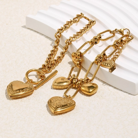 Bracelet Pendentif Médaillon Cœur Acier Inoxydable Plaqué Or 18K Chaîne Cubaine Fermoir OT Rose Gravée Bijoux Femmes