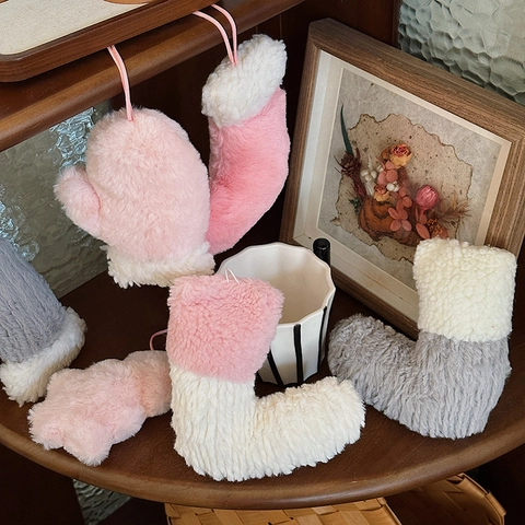 Plush Christmas Ornaments Faux Fur Hanging Decorations Christmas Tree Soft Sock Glove Wing Shape Pink White Grey Home