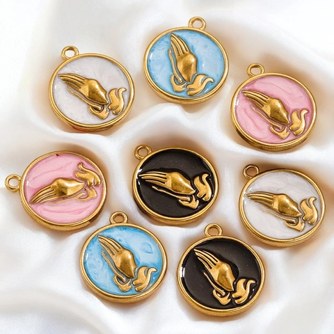 Round Praying Hands Pendants Enamel Stainless Steel 18K Gold Plated DIY Jewelry Making Charms Religious Minimalist