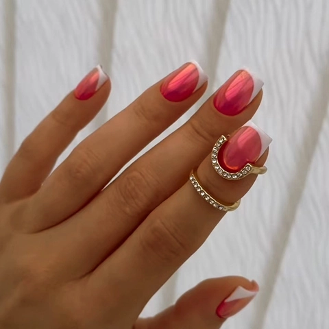 Faux Ongles À Presser Aurora French Tip Rouge Et Blanc Courts Carrés Brillants Pour Femmes Manucure