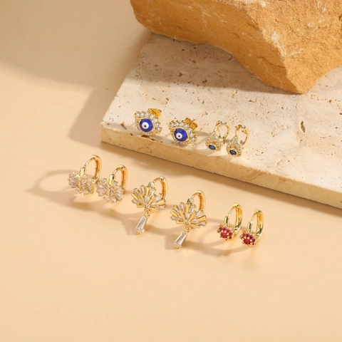 Evil Eye Zirconia Hoop Earrings Copper Gold Plated Enamel Geometric Fan Flower Shape Fashion Jewelry For Women