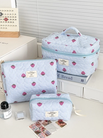 Trousse De Maquillage En Coton Matelassé Imprimé Fraise Rayures Bleues Pochette Cosmétique Organisateur De Voyage Style Coréen Fermeture Éclair