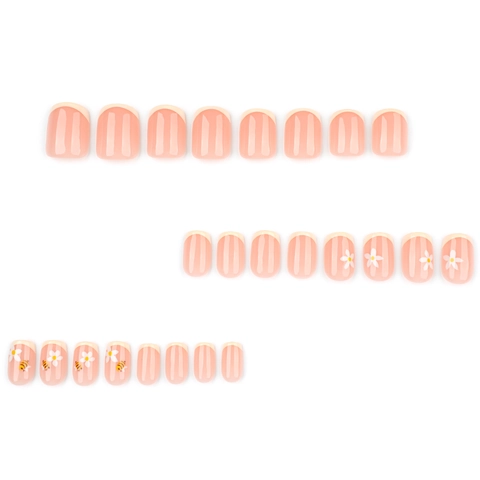Unghie Finte Corte Quadrate French Tip Con Motivo Ape Gialla E Margherita Bianca Unghie Artificiali In ABS Lucido Per Donne