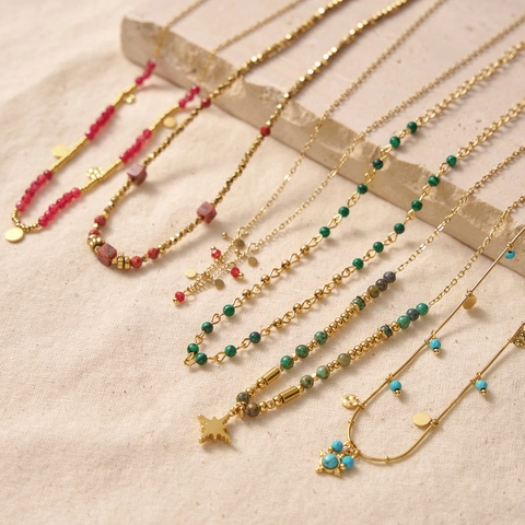 Collana Di Perline Acciaio Inossidabile Placcato Oro 18K Con Turchese Malachite Ciondolo Stella Gioielli Bohémien Per Donna