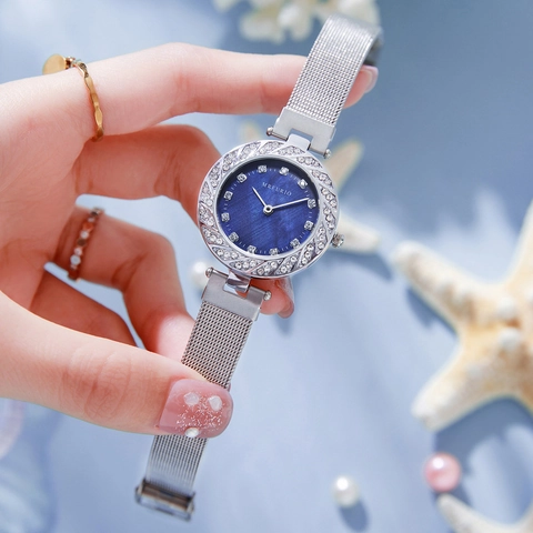 Orologio al Quarzo Donna di Lusso Cinturino in Maglia Acciaio Inossidabile Argento Quadrante in Madreperla Blu Orologio da Polso