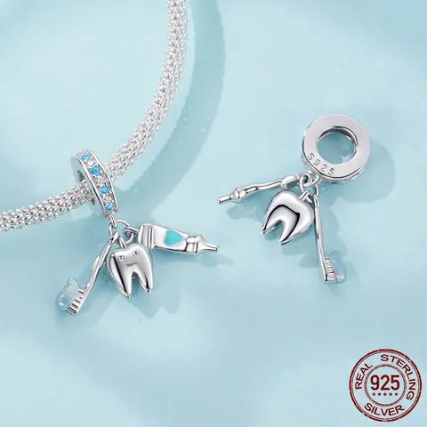 Pendentif Charme en Argent Sterling 925 Brosse à Dents Dentifrice Zirconia Incrusté Coeur Bleu Émail DIY Accessoire Bijoux
