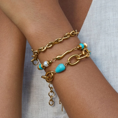 Grobe Gliederkette Armband 18K Vergoldet Edelstahl Mit Türkis Und Unregelmäßiger Künstliche Perle Französischer Vintage Retro Stil