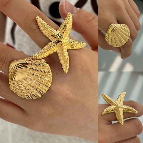 Anelli Stella Marina E Conchiglia Acciaio Inossidabile Impermeabile Regolabile Anello Aperto Stile Nautico Oceano Donne