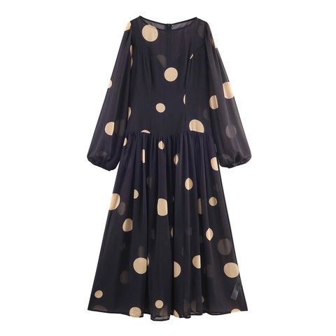 Vestito Maxi A Pois Da Donna Maniche Lunghe Chiffon Spalle Scoperte Vita Alta Elegante Abito Lungo Fluido