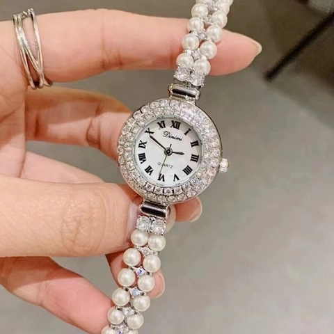 Women Fashion Pearl Bracelet Quartz Watch Alloy Rhinestone Inlaid Case Small Dial Elegant Hand Jewelry Watch For Lady