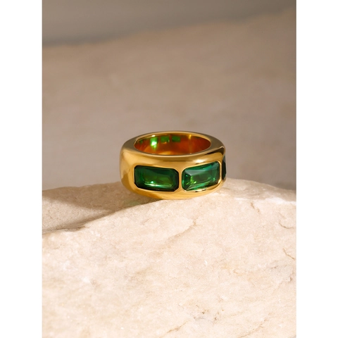 Wide Band Stainless Steel Ring Inlaid With Cubic Zirconia Rectangular Gemstone Minimalist Gold Plated Fashion Jewelry