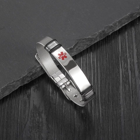 Medical Alert ID Bracelet Stainless Steel Mesh Band Adjustable Emergency Symbol Curved Plate Unisex Fashion