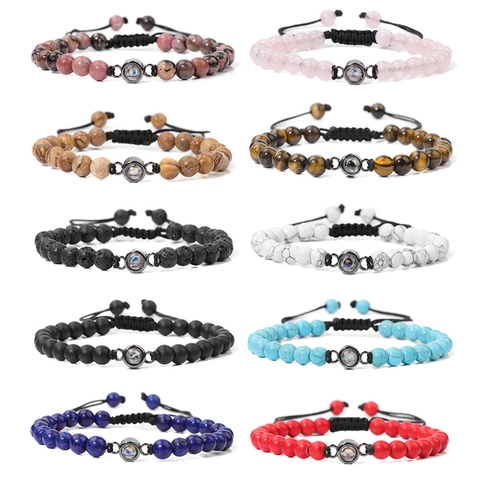 Bracelet Perles Pierre Naturelle Projection Je T'aime Multi-Langue Charme Alliage Fait Main Ajustable Pour Couples