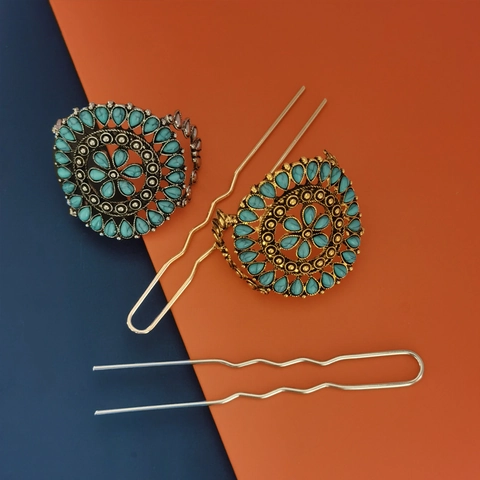 Vintage Flower Hair Stick Turquoise Inlay Zinc Alloy Hairpin Bohemian Ethnic Style Hair Jewelry For Women Girls