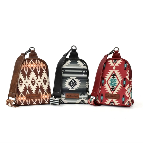 Bohemian Ethnic Crossbody Bag Vintage Aztec Geometric Canvas PU Chest Sling Bag Adjustable Wide Strap For Women Travel