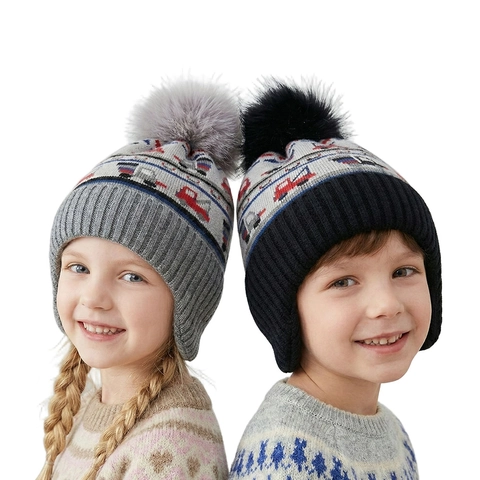 Kids Boys Winter Knit Beanie Hat With Earflaps Fleece Lined Warm Cartoon Truck Pattern Pom Pom Jacquard Windproof Casual