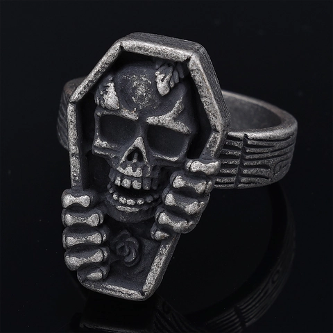 Bague Cercueil Crâne Gothique Acier Inoxydable Vintage Punk Rock Bijoux Biker Pour Hommes Et Femmes Design Rose Rétro