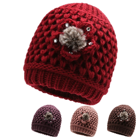 Berretto In Maglia Invernale Da Donna Foderato In Pile Ispessito Termico Antivento Pompon Pelliccia Sintetica Fiore