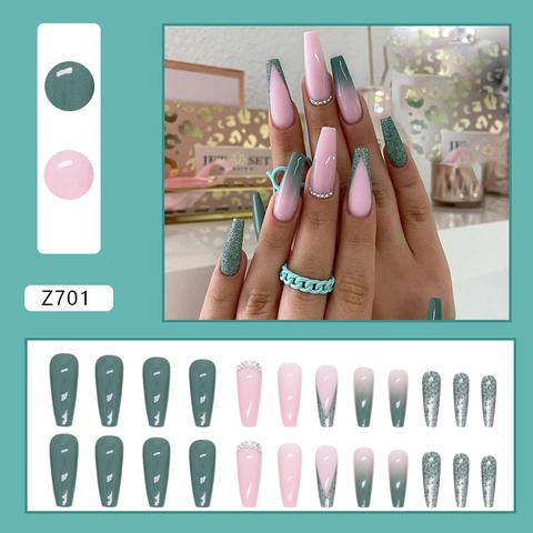 Press On Nägel Lang Coffin Matcha Grün Französisch V Spitze Glitzer Strass Falsche Nägel Für Damen