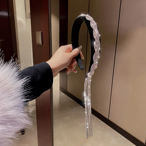 Diadema Elegante de Terciopelo con Borla de Strass para Mujer Banda para el Cabello de Cristal Brillante Ondulado Boda Fiesta