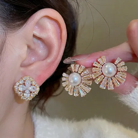 Elegant Flower Stud Earrings With Zircon Artificial Pearl And Silver Earring Post Gold Plated Light Luxury Jewelry For Women