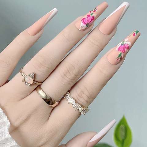 Press On Nails Long Coffin Ballerina Nude Pink White V French Tip Flower Design Wearable DIY Manicure For Women Girls