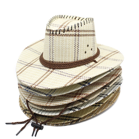 Western Cowboy Hat Straw Woven Grid Pattern Wide Brim Sun Protection Outdoor Beach Sunshade Breathable For Men Women
