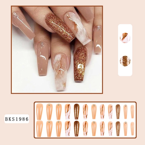 Lange Coffin Press On Nagels Marmerpatroon Glitter Rhinestone Kunstnagels Elegante Manicure Voor Vrouwen