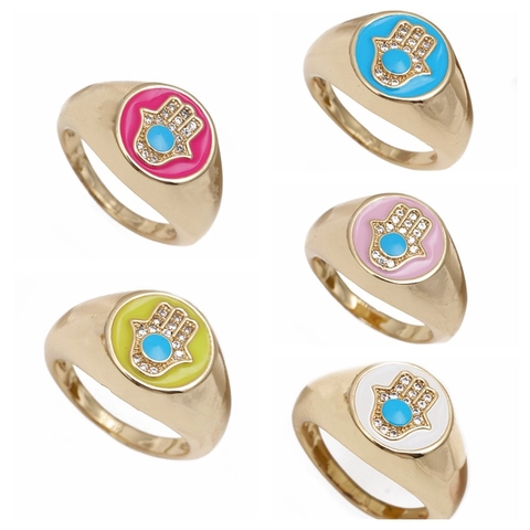 Anello Aperto Mano Di Hamsa Malocchio Rame Smalto Placcato Oro Regolabile Zirconia Colorata Gioielli Etnici