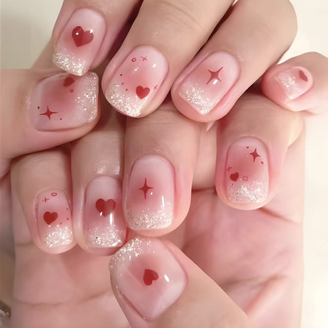 Glossy Pink Ombre Press On Nails With Red Heart And Silver Glitter For Valentine Day Sweet French Style Fake Nails