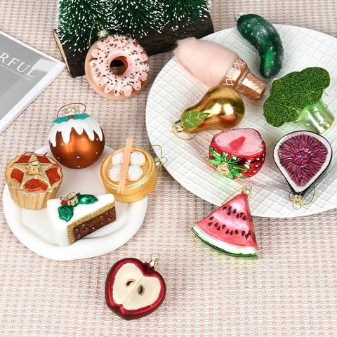 Christmas Food Ornaments Painted Glass Glitter Fruit Vegetable Food Shapes Festive Holiday Party Tree Hanging Decor