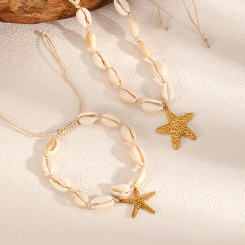 Gioielli Collana E Bracciale In Conchiglia Naturale Con Ciondolo Stella Marina Corda Intrecciata Regolabile Stile Bohémien Spiaggia Donna