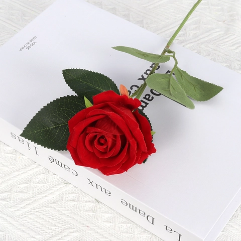 Realistic Artificial Rose Flower Single Long Stem Satin Velvet Fabric Fake Roses For Home Wedding Party Table Decoration