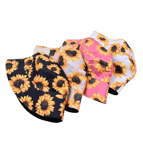 Sunflower Print Bucket Hat Cotton Reversible Sun Protection Wide Brim Summer Outdoor Travel Fashion Casual For Women