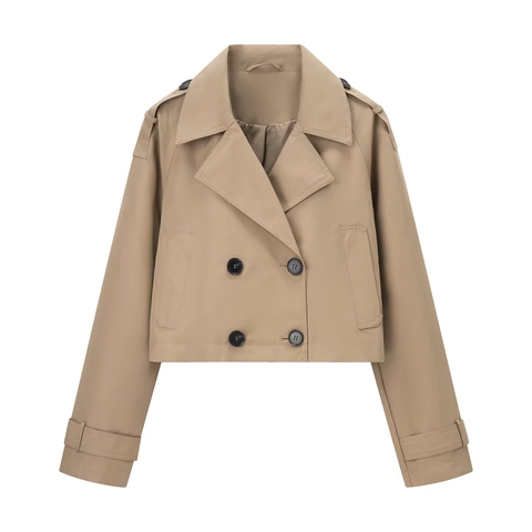 Women Short Trench Coat Polyester Double Breasted Lapel Casual Jacket With Epaulettes Solid Color Long Sleeve Elegant