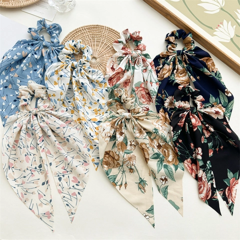 Scrunchies Con Stampa Floreale E Nastro Lungo Eleganti Elastici Per Capelli In Chiffon Stile Vintage Francese Per Donne