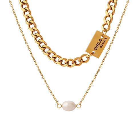 Collana Doppio Strato Donna Acciaio Titanio Placcato Oro 18K Catena Curb Pendente Perla de Agua Dulce Acqua Dolce Targhetta Hip Hop
