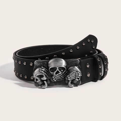 Mens Punk Belt With Three Skull Alloy Buckle Rivet Studded PU Leather Gothic Rock Hip Hop Waistband For Casual Jeans