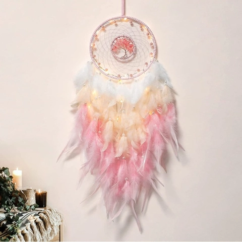 Attrape-Rêve Arbre De Vie Fait Main Plume Tenture Murale Quartz Rose LED Lumière Lueur Chaude Boho Décor Chambre