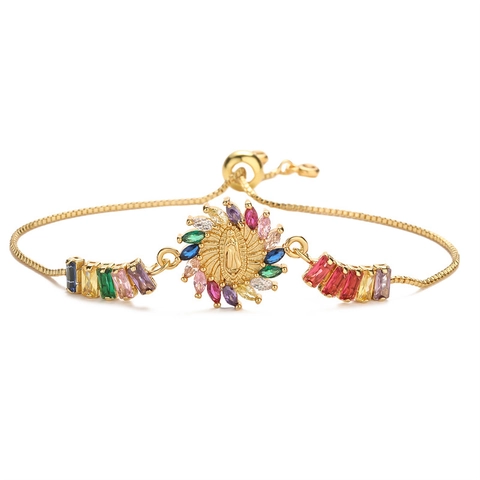Bracciale Regolabile Rame Placcato Oro Con Zircone Colorato Cuore Croce Vergine Maria Chiusura Scorrevole Gioielli Da Donna