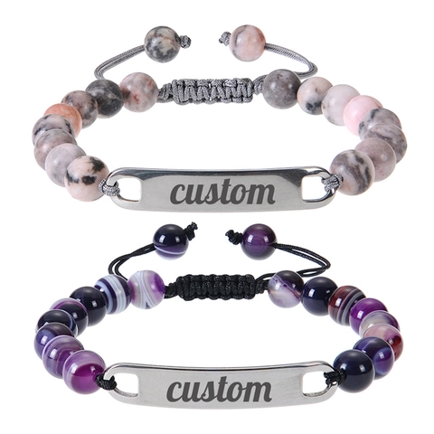 Natural Stone Bead Bracelet Stainless Steel Bar Adjustable Braided Cord Handcrafted Jewelry Men Women