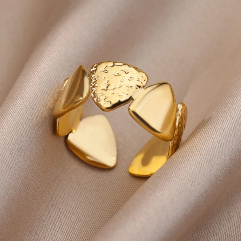 Anello Regolabile Acciaio Inossidabile Placcato Oro 18K Boho Foglia Occhio Del Diavolo Texture Martellata Donna Uomo