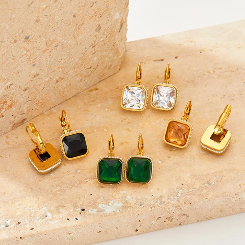 Leverback Earrings Stainless Steel Square Crystal Halo Geometric Vintage French Style Luxury Shiny For Women