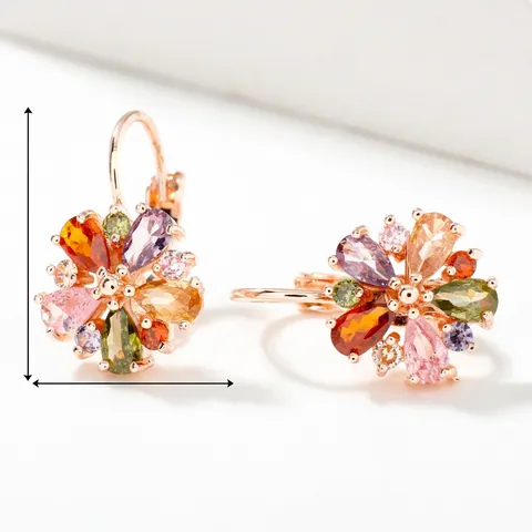 Flower Zircon Earrings Copper Rose Gold Plated With Colorful Pear Shaped Stones Elegant Sweet Lever Back Jewelry