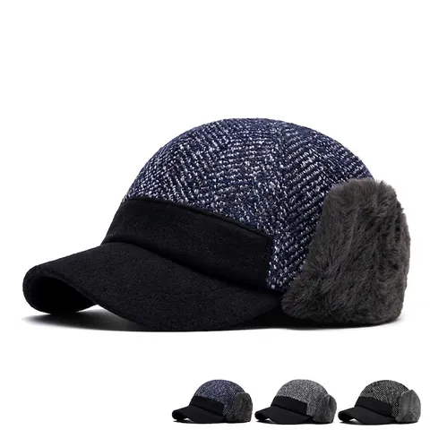 Winter Baseball Cap With Ear Flaps Warm Fleece Lined Herringbone Tweed Windproof Outdoor Casual Adjustable Hat Men