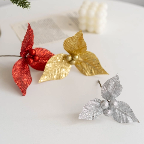 Decoración De Árbol De Navidad Hojas Artificiales Bayas Purpurina Brillante PVC Plástico Para Corona DIY Adorno Navideño